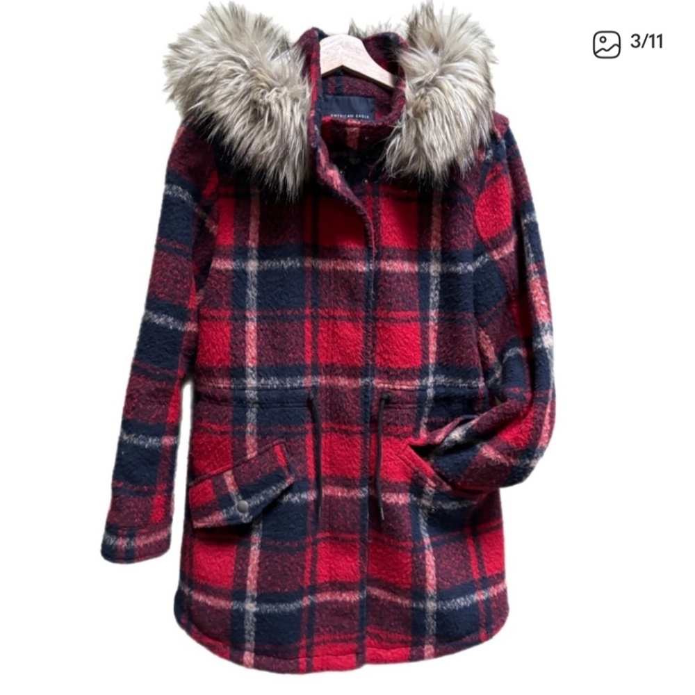 American Eagle Outfitters Paid Coat with Faux Fur Hood Medium